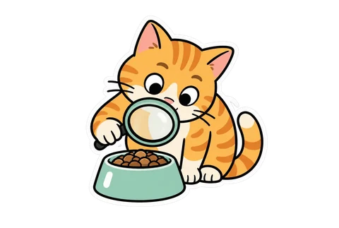 Illustration: getigerte Katze untersucht ihren Napf mit einer Lupe