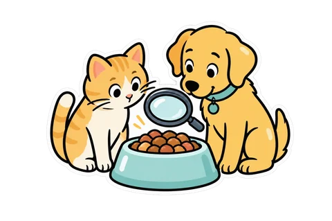 Illustration: Katze und Hund schauen in einen Futternapf, darüber eine Lupe