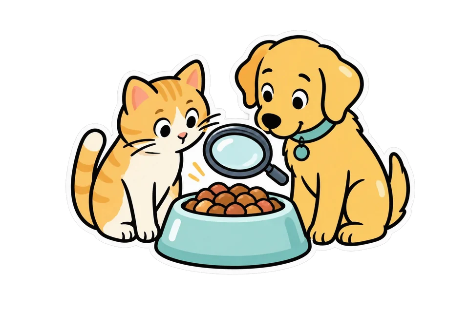 Illustration: Katze und Hund schauen in einen Futternapf, darüber eine Lupe